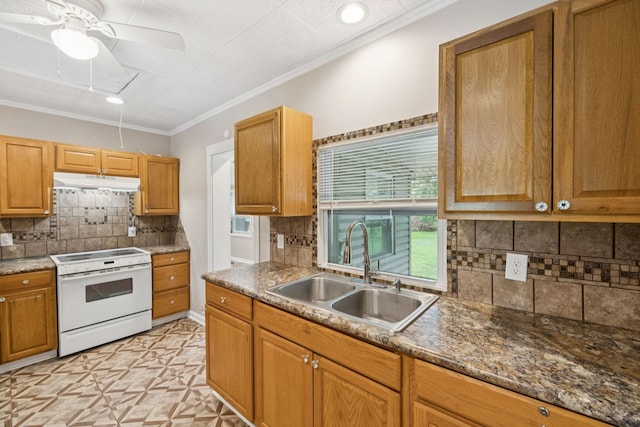631 W Maple St, Morrison, TN 37357 - kitchen with white range with electric stovetop, under cabinet range hood, backsplash, a ceiling fan, and ornamental molding