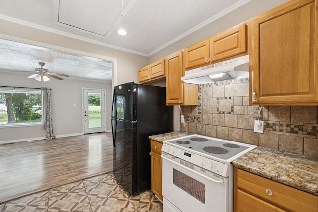 631 W Maple St, Morrison, TN 37357 - kitchen featuring white range with electric cooktop, under cabinet range hood, freestanding refrigerator, crown molding, and decorative backsplash