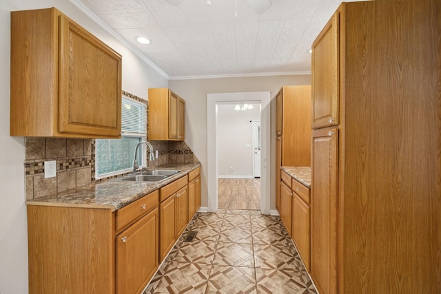 631 W Maple St, Morrison, TN 37357 - kitchen with decorative backsplash, ornamental molding, a ceiling fan, and recessed lighting