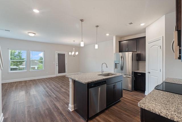 858 Longleaf Ln, Columbia, TN 38401 - kitchen with appliances with stainless steel finishes, dark wood-style flooring, a chandelier, a center island with sink, and recessed lighting