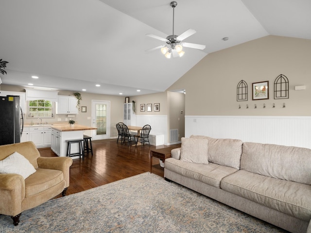1908 Sheffield Ln, Columbia, TN 38401 - living room with dark wood finished floors, lofted ceiling, wainscoting, recessed lighting, and ceiling fan