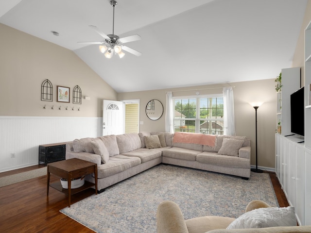 1908 Sheffield Ln, Columbia, TN 38401 - living room featuring dark wood-style flooring, vaulted ceiling, a wainscoted wall, and a ceiling fan