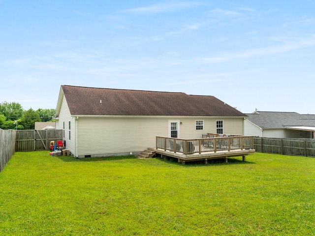 1908 Sheffield Ln, Columbia, TN 38401 - rear view of house featuring a deck, a fenced backyard, crawl space, and a shingled roof