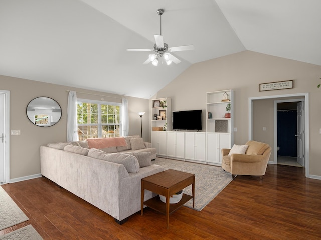 1908 Sheffield Ln, Columbia, TN 38401 - living room with a ceiling fan, wood finished floors, vaulted ceiling, and built in shelves