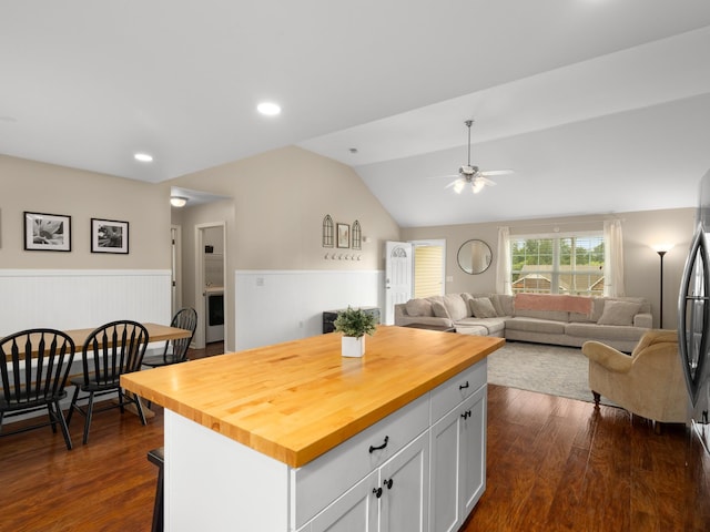 1908 Sheffield Ln, Columbia, TN 38401 - kitchen featuring wood counters, dark wood-style floors, a ceiling fan, wainscoting, and white cabinetry