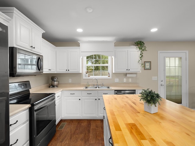 1908 Sheffield Ln, Columbia, TN 38401 - kitchen featuring electric range oven, butcher block counters, dark wood-style floors, white cabinets, and recessed lighting