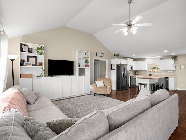 1908 Sheffield Ln, Columbia, TN 38401 - living area featuring vaulted ceiling, a ceiling fan, dark wood-style floors, and recessed lighting