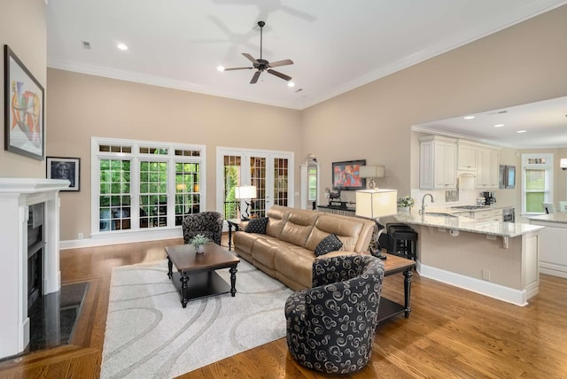 241 King Arthur Cir, Franklin, TN 37067 - living room with a fireplace, crown molding, wood finished floors, recessed lighting, and a ceiling fan