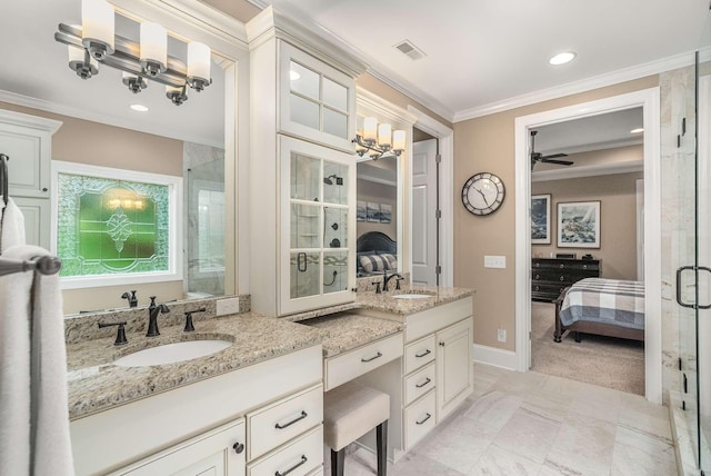 241 King Arthur Cir, Franklin, TN 37067 - bathroom featuring ensuite bath, double vanity, a stall shower, crown molding, and recessed lighting