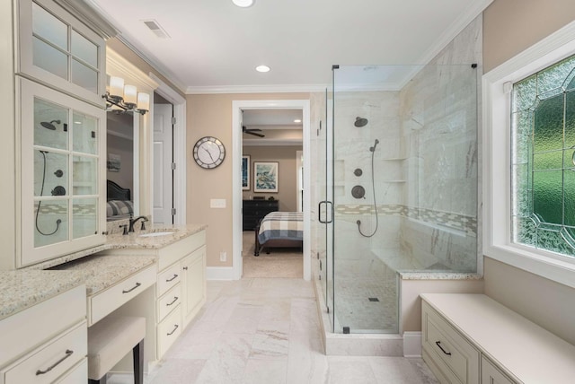 241 King Arthur Cir, Franklin, TN 37067 - ensuite bathroom with a shower stall, crown molding, vanity, marble look tile flooring, and recessed lighting