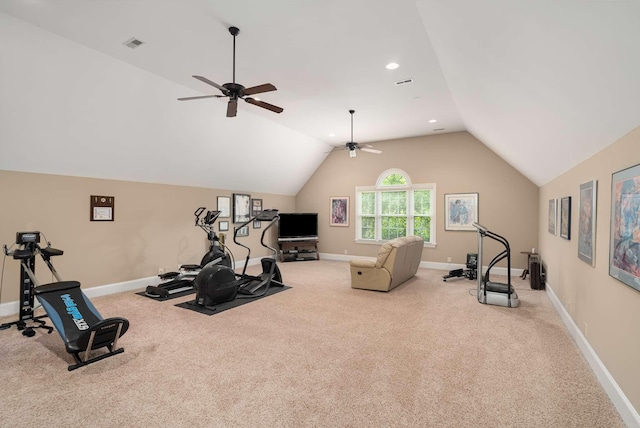 241 King Arthur Cir, Franklin, TN 37067 - exercise area with a ceiling fan, carpet floors, vaulted ceiling, and recessed lighting