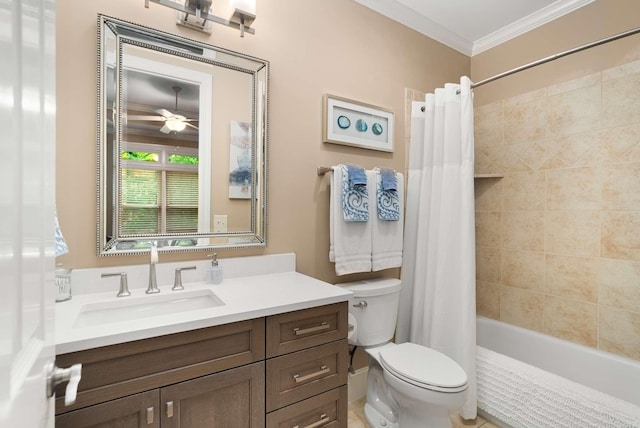 241 King Arthur Cir, Franklin, TN 37067 - bathroom with vanity, ornamental molding, shower / tub combo with curtain, and ceiling fan