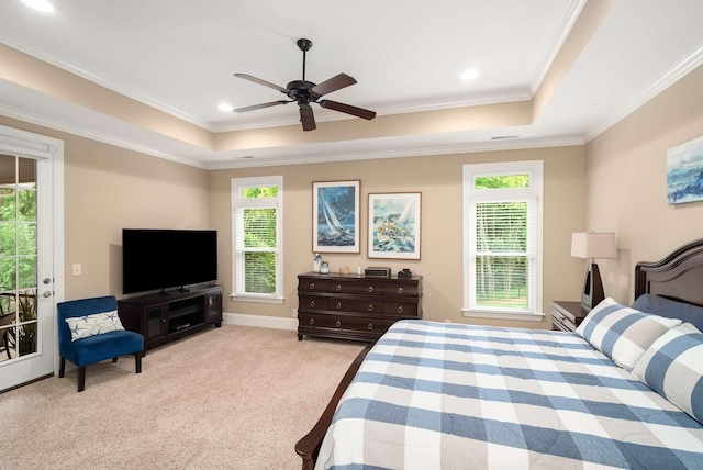 241 King Arthur Cir, Franklin, TN 37067 - carpeted bedroom with a tray ceiling, ornamental molding, access to outside, and a ceiling fan