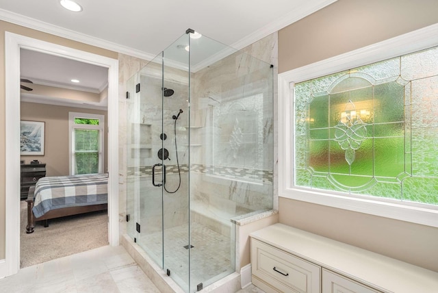 241 King Arthur Cir, Franklin, TN 37067 - ensuite bathroom featuring a stall shower, ornamental molding, and recessed lighting