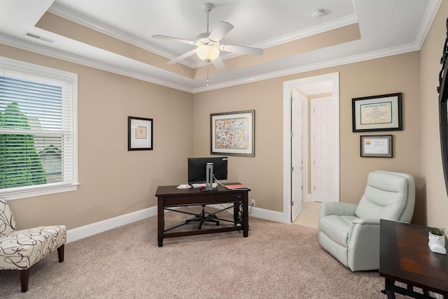 241 King Arthur Cir, Franklin, TN 37067 - home office with a tray ceiling, light carpet, a ceiling fan, and crown molding