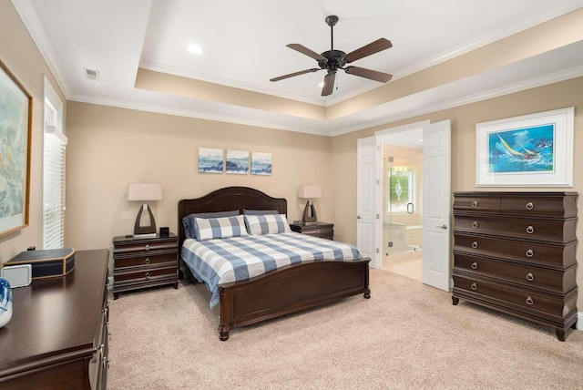 241 King Arthur Cir, Franklin, TN 37067 - bedroom with light carpet, ornamental molding, ensuite bath, a raised ceiling, and a ceiling fan