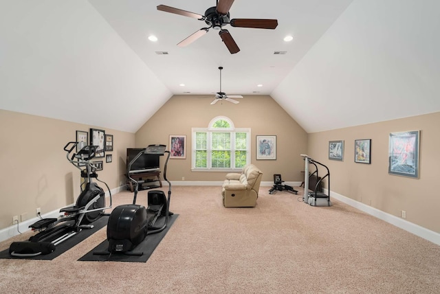241 King Arthur Cir, Franklin, TN 37067 - exercise room with ceiling fan, lofted ceiling, carpet floors, and recessed lighting