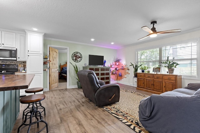 1060 Anderson Ridge Rd, Jasper, TN 37347 - living area with light wood-style floors, ornamental molding, ceiling fan, recessed lighting, and a textured ceiling