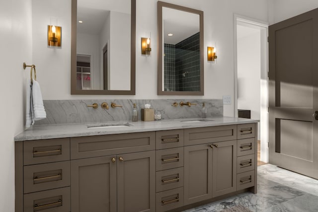 7346 Harlow Dr, College Grove, TN 37046 - full bath with double vanity, marble finish flooring, and backsplash