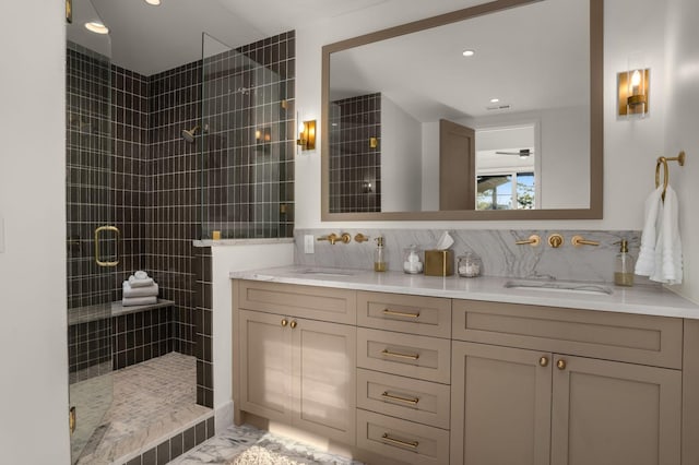 7346 Harlow Dr, College Grove, TN 37046 - bathroom with double vanity, a shower stall, tasteful backsplash, marble finish flooring, and recessed lighting