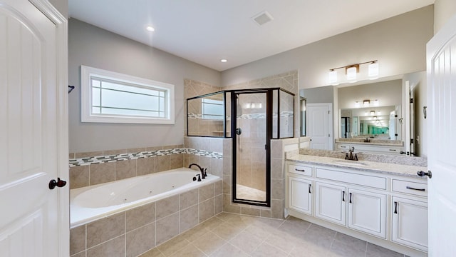 5120 Prickly Pine Pl, Murfreesboro, TN 37129 - bathroom featuring a tub with jets, a stall shower, vanity, and tile patterned flooring