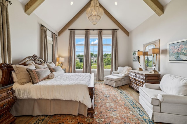 1208 Potter Ln, Gallatin, TN 37066 - bedroom featuring beam ceiling, wood finished floors, a chandelier, and high vaulted ceiling