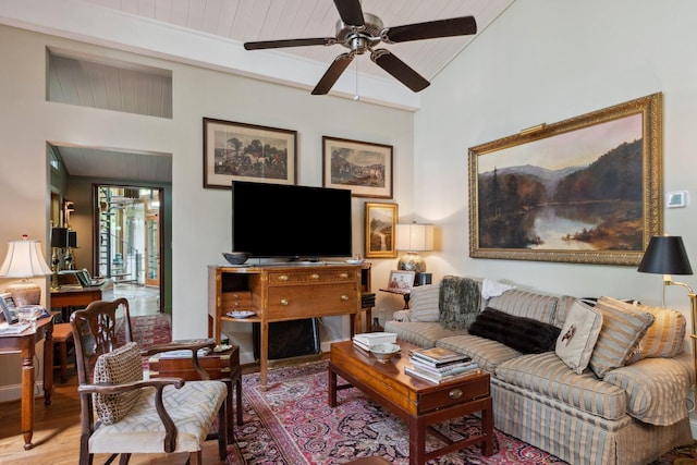 232 Hollingsworth Cove Rd, Monteagle, TN 37356 - living room featuring a ceiling fan, wood finished floors, and a wooden ceiling with exposed beams