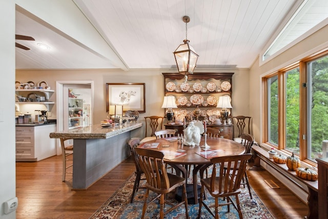 232 Hollingsworth Cove Rd, Monteagle, TN 37356 - dining area featuring wood finished floors, a baseboard heating unit, a ceiling fan, wood ceiling, and vaulted ceiling