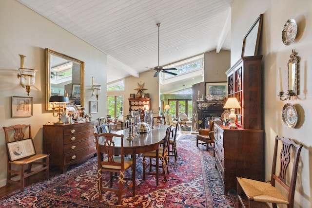 232 Hollingsworth Cove Rd, Monteagle, TN 37356 - dining room featuring beamed ceiling, a ceiling fan, wood finished floors, and high vaulted ceiling