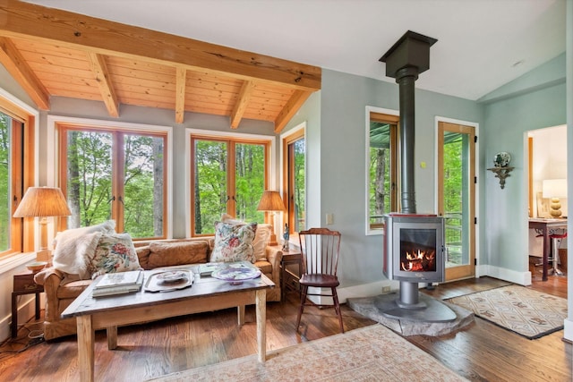232 Hollingsworth Cove Rd, Monteagle, TN 37356 - living room featuring a wood stove, hardwood / wood-style flooring, and wooden ceiling