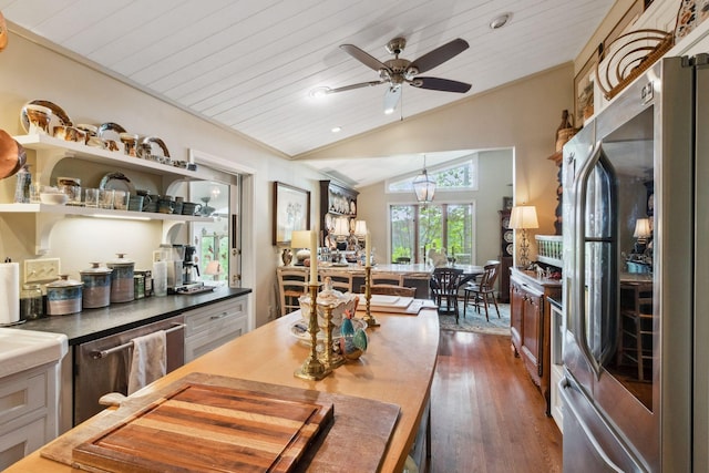 232 Hollingsworth Cove Rd, Monteagle, TN 37356 - dining room with lofted ceiling, dark wood-style flooring, a ceiling fan, wood ceiling, and ornamental molding