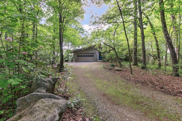 232 Hollingsworth Cove Rd, Monteagle, TN 37356 - obstructed view of property featuring dirt driveway, a garage, and a view of trees
