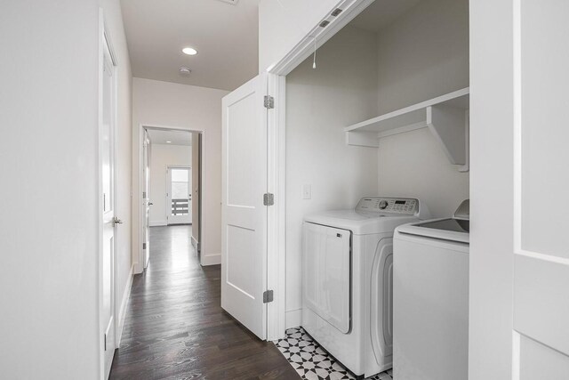 206 Ben Allen Rd Unit 5, Nashville, TN 37207 - washroom featuring washer and clothes dryer, dark wood-style flooring, and recessed lighting