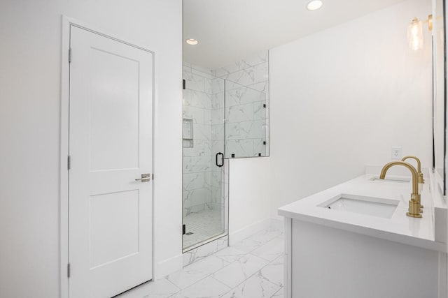 206 Ben Allen Rd Unit 5, Nashville, TN 37207 - bathroom featuring marble finish floors, recessed lighting, a marble finish shower, and double vanity