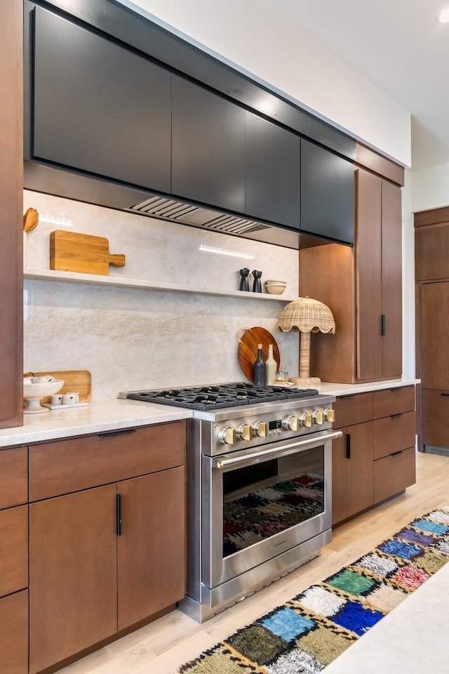 1209 Noelton Ave, Nashville, TN 37215 - kitchen featuring high end stainless steel range, light countertops, light wood finished floors, and decorative backsplash