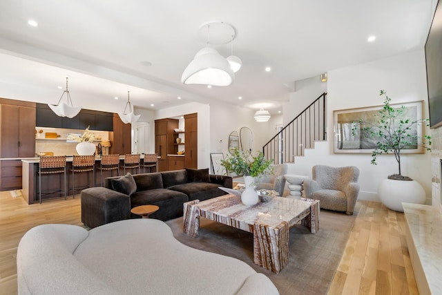 1209 Noelton Ave, Nashville, TN 37215 - living room with light wood-type flooring, stairs, and recessed lighting
