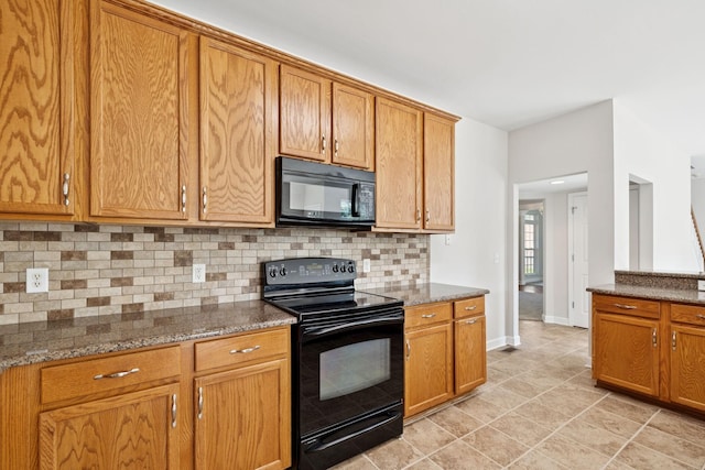 821 Alex Way, Mount Juliet, TN 37122 - kitchen with black appliances, decorative backsplash, stone countertops, brown cabinetry, and light tile patterned floors