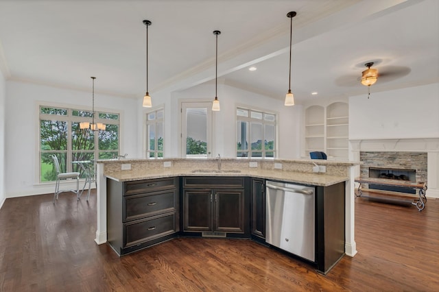 438 Truman Rd, Franklin, TN 37064 - kitchen featuring dishwasher, open floor plan, light stone counters, dark wood-type flooring, and ornamental molding