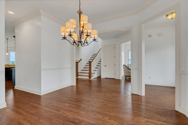 438 Truman Rd, Franklin, TN 37064 - unfurnished dining area featuring stairs, dark wood finished floors, a chandelier, ornamental molding, and recessed lighting