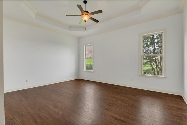 438 Truman Rd, Franklin, TN 37064 - unfurnished room with ornamental molding, a tray ceiling, plenty of natural light, dark wood finished floors, and ceiling fan