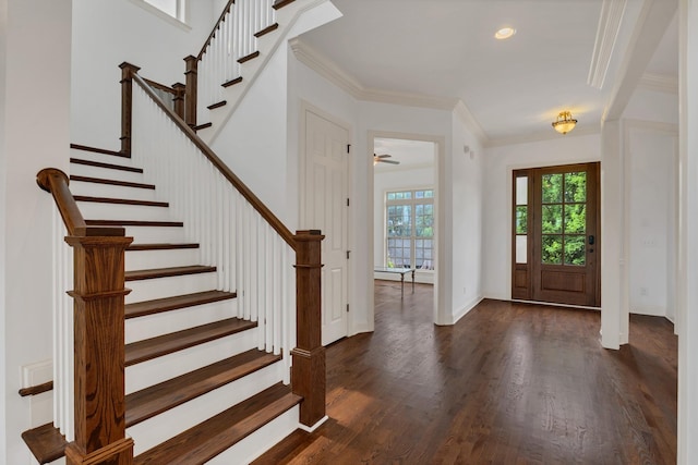438 Truman Rd, Franklin, TN 37064 - foyer entrance with dark wood-style floors, stairs, crown molding, ceiling fan, and recessed lighting