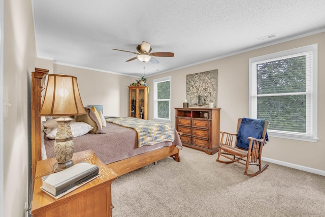 110 Sandis Ln, Palmyra, TN 37142 - bedroom with multiple windows, ornamental molding, carpet, ceiling fan, and a textured ceiling