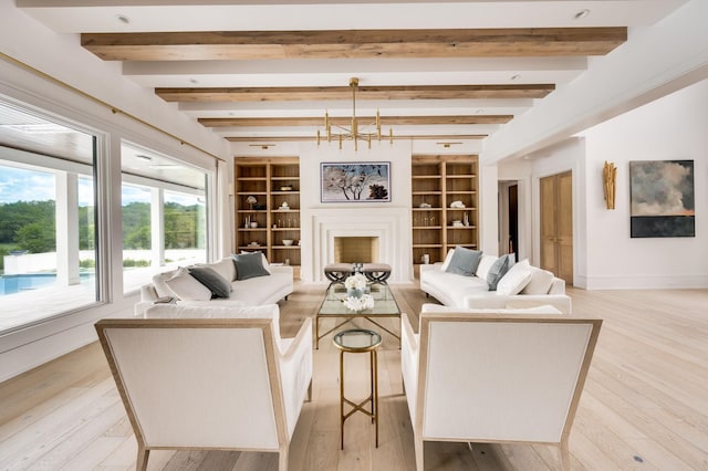 1713 Reflection Ln, Brentwood, TN 37027 - living area featuring light wood-type flooring, built in features, and beam ceiling