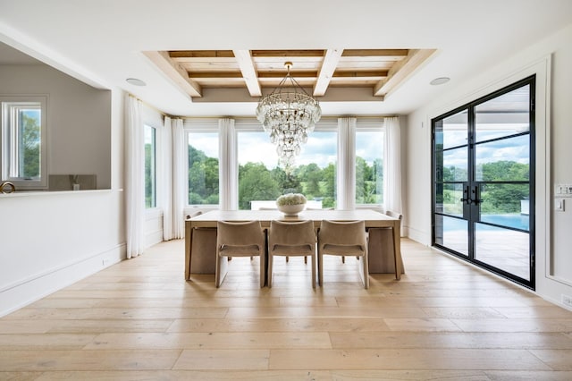 1713 Reflection Ln, Brentwood, TN 37027 - dining room featuring a chandelier, light wood finished floors, beamed ceiling, and french doors