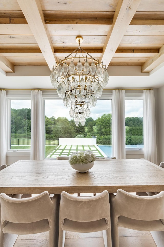 1713 Reflection Ln, Brentwood, TN 37027 - dining room with a chandelier, plenty of natural light, and a wooden ceiling with exposed beams