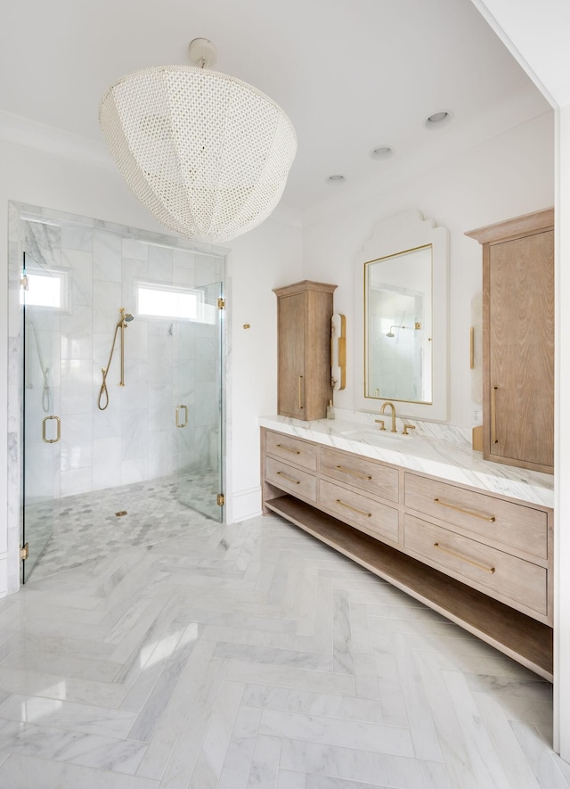 1713 Reflection Ln, Brentwood, TN 37027 - full bathroom featuring vanity, a marble finish shower, and crown molding