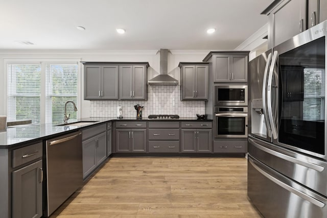 3737 Felipe Way, Murfreesboro, TN 37129 - kitchen featuring stainless steel appliances, wall chimney exhaust hood, gray cabinets, ornamental molding, and recessed lighting