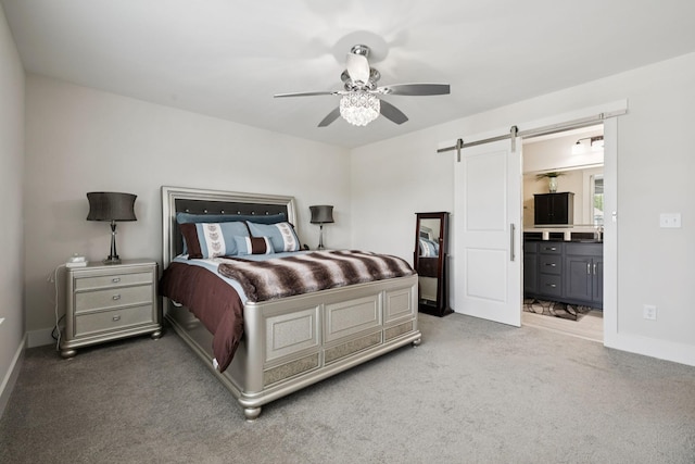 3737 Felipe Way, Murfreesboro, TN 37129 - carpeted bedroom featuring a barn door, ensuite bath, and a ceiling fan