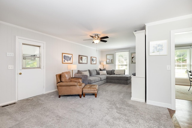 1028 Ridgecrest Dr, Franklin, TN 37069 - living room featuring crown molding, plenty of natural light, ceiling fan, and carpet flooring