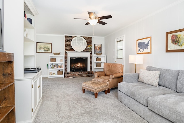1028 Ridgecrest Dr, Franklin, TN 37069 - living area with carpet flooring, ceiling fan, crown molding, a fireplace, and built in shelves